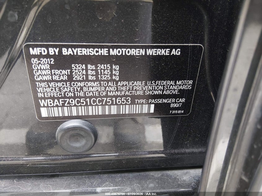 2012 BMW 5er VIN WBAFZ9C51CC751653 IAAI salvage auction — FRONT END, Clear - Dealer Only (California), sold $25 on 2026-07-29 (photo 9)