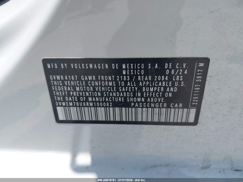 2024 Volkswagen Jetta VIN 3VWEM7BU8RM100082 IAAI salvage auction — FRONT END, Original (Texas), sold $7,300 on 2026-08-22 (photo 9)