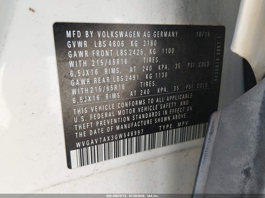 2016 Volkswagen Tiguan VIN WVGAV7AX3GW546997 IAAI salvage auction — NORMAL WEAR, Original (Texas), sold $350 on 2026-07-28 (photo 9)