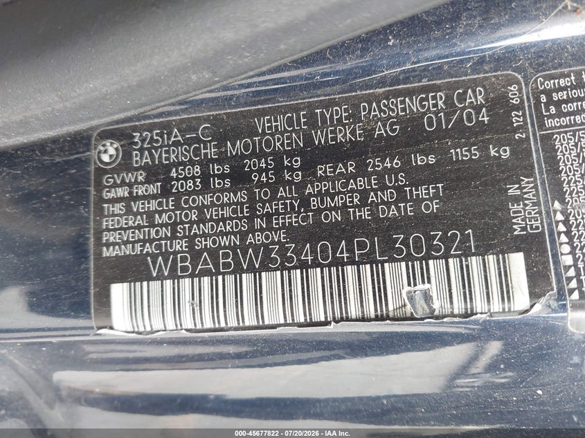 2004 BMW 3 series VIN WBABW33404PL30321 IAAI salvage auction — NORMAL WEAR, Clear - Dealer Only (California), sold $575 on 2026-08-03 (photo 9)