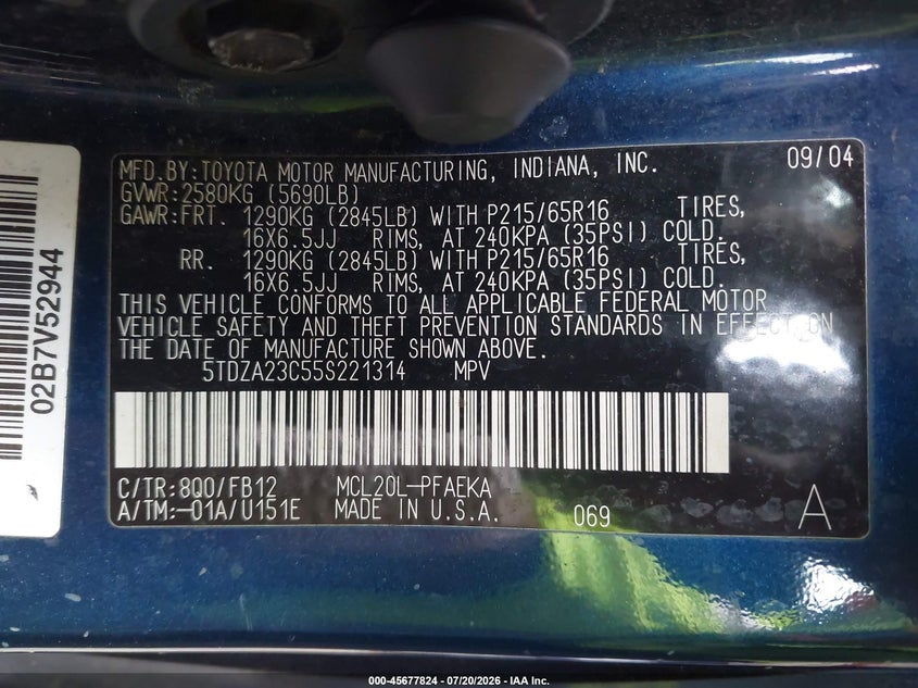 2005 Toyota Sienna VIN 5TDZA23C55S221314 IAAI salvage auction — NORMAL WEAR, App For Dup Clear (California), sold $25 on 2026-07-28 (photo 9)
