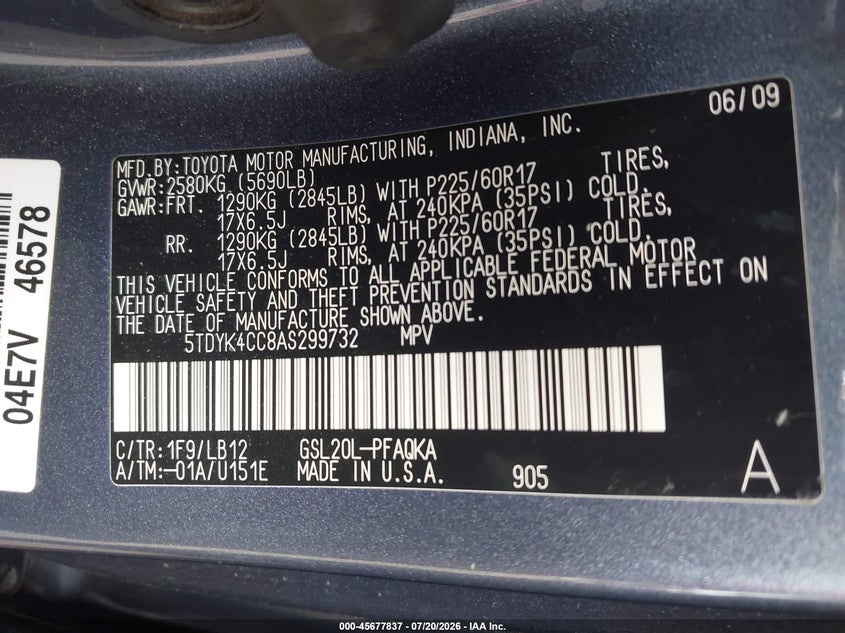 2010 Toyota Sienna VIN 5TDYK4CC8AS299732 IAAI salvage auction — NORMAL WEAR, Clear - Dealer Only (California), sold $700 on 2026-07-28 (photo 9)