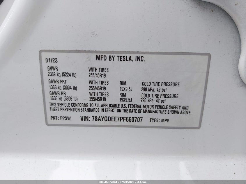 2023 Tesla Model y VIN 7SAYGDEE7PF660707 IAAI salvage auction — FRONT END, Bill Of Sale (Washington), sold $9,200 on 2026-07-29 (photo 9)
