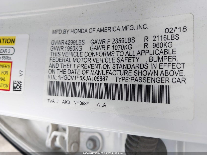 2018 Honda Accord VIN 1HGCV1F6XJA105867 IAAI salvage auction — RIGHT SIDE, Wait Title, sold $7,550 on 2026-08-02 (photo 9)