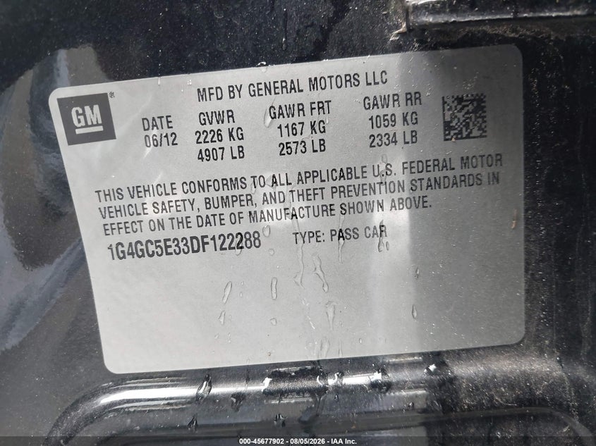 2013 Buick Lacrosse VIN 1G4GC5E33DF122288 IAAI salvage auction — NORMAL WEAR, Clear (Florida), sold $400 on 2026-08-28 (photo 9)