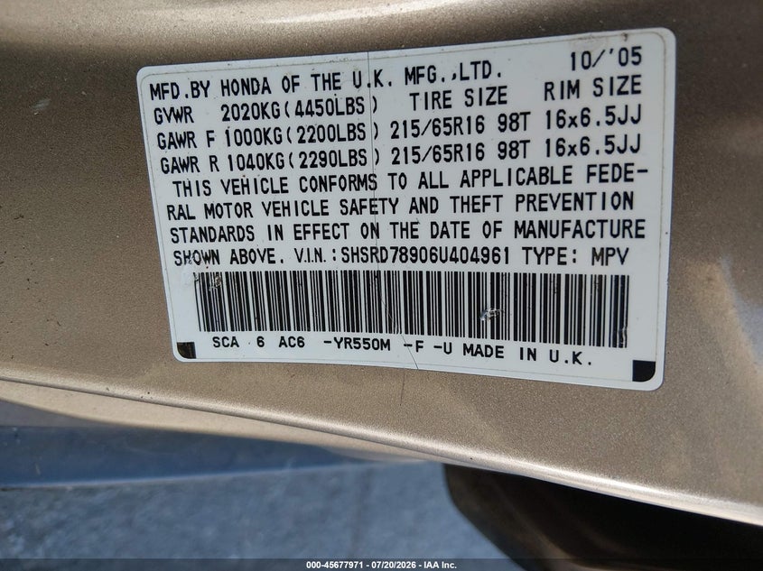 2006 Honda Cr-v VIN SHSRD78906U404961 IAAI salvage auction — LEFT REAR, Salvage Rebuilt (North Carolina), sold $875 on 2026-07-29 (photo 9)