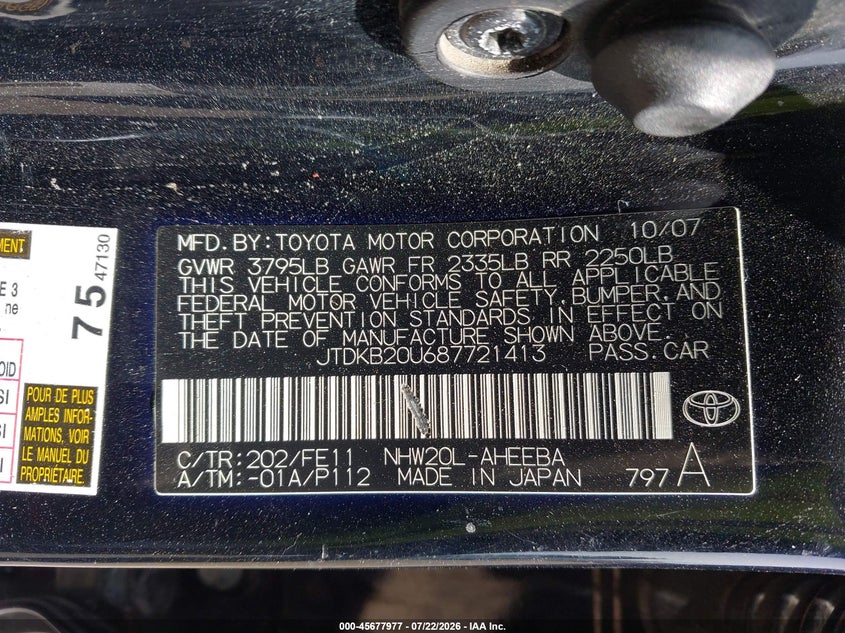2008 Toyota Prius VIN JTDKB20U687721413 IAAI salvage auction — NORMAL WEAR, Original (Texas), sold $25 on 2026-07-28 (photo 9)