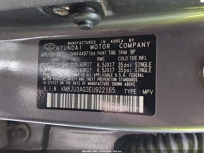 2014 Hyundai Tucson VIN KM8JU3AG3EU922165 IAAI salvage auction — NORMAL WEAR, Clear (Louisiana), sold $25 on 2026-07-29 (photo 9)