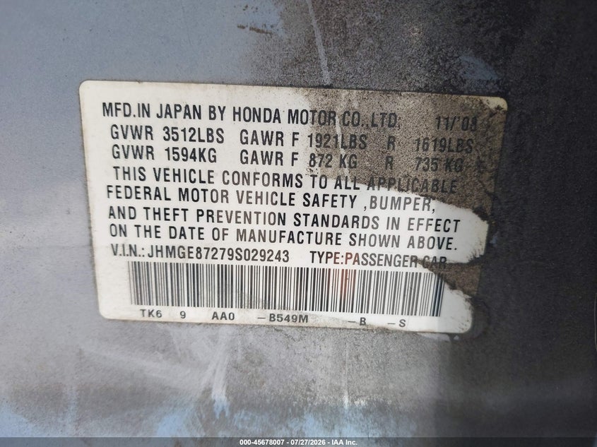 2009 Honda Fit VIN JHMGE87279S029243 IAAI salvage auction — NORMAL WEAR, Clear (New York), sold $25 on 2026-07-30 (photo 9)