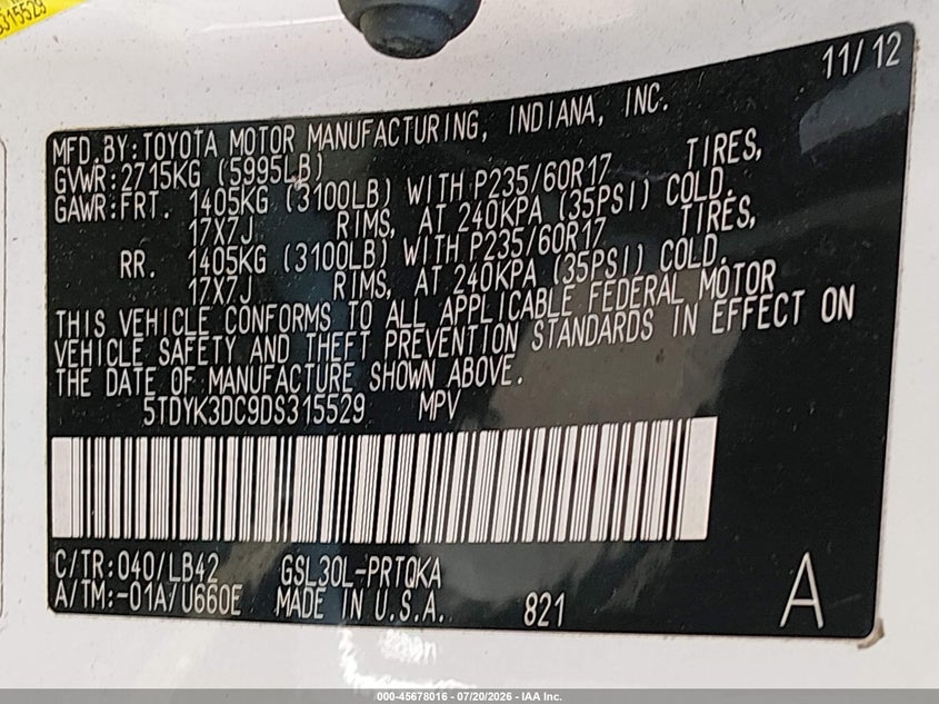 2013 Toyota Sienna VIN 5TDYK3DC9DS315529 IAAI salvage auction — NORMAL WEAR, Clear (New Jersey), sold $3,250 on 2026-07-30 (photo 9)