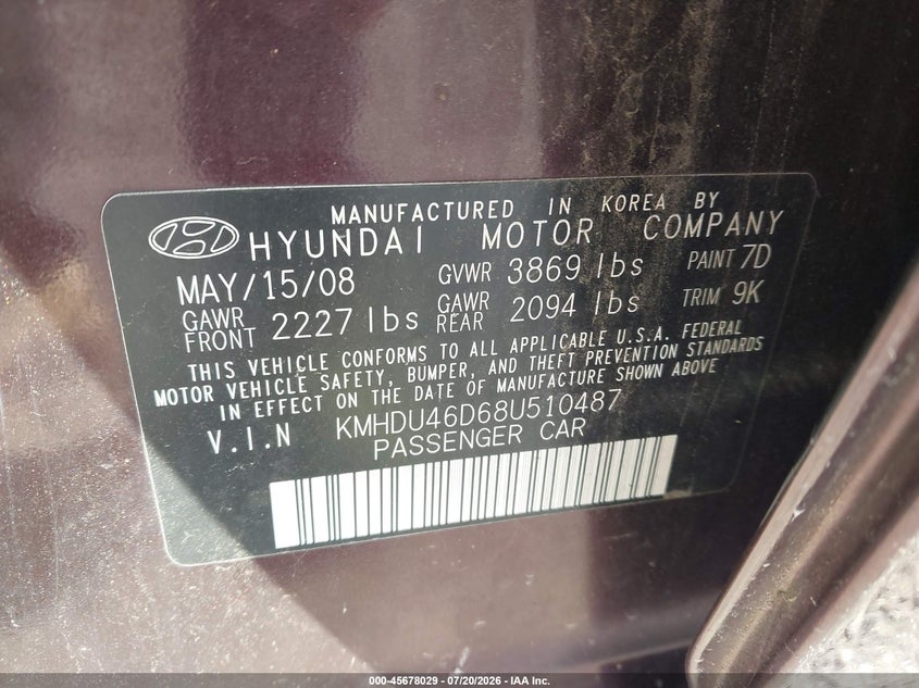 2008 Hyundai Elantra VIN KMHDU46D68U510487 IAAI salvage auction — NORMAL WEAR, Clear (Pennsylvania), sold $175 on 2026-07-28 (photo 9)