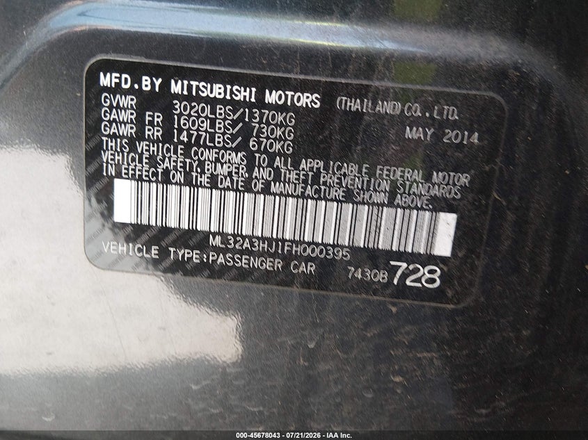 2015 Mitsubishi Mirage VIN ML32A3HJ1FH000395 IAAI salvage auction — NORMAL WEAR, Original (Texas), sold $25 on 2026-07-29 (photo 9)