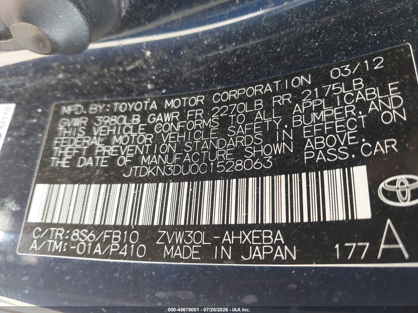 2012 Toyota Prius VIN JTDKN3DU0C1528063 IAAI salvage auction — NORMAL WEAR, Clear (Virginia), sold $25 on 2026-07-27 (photo 9)