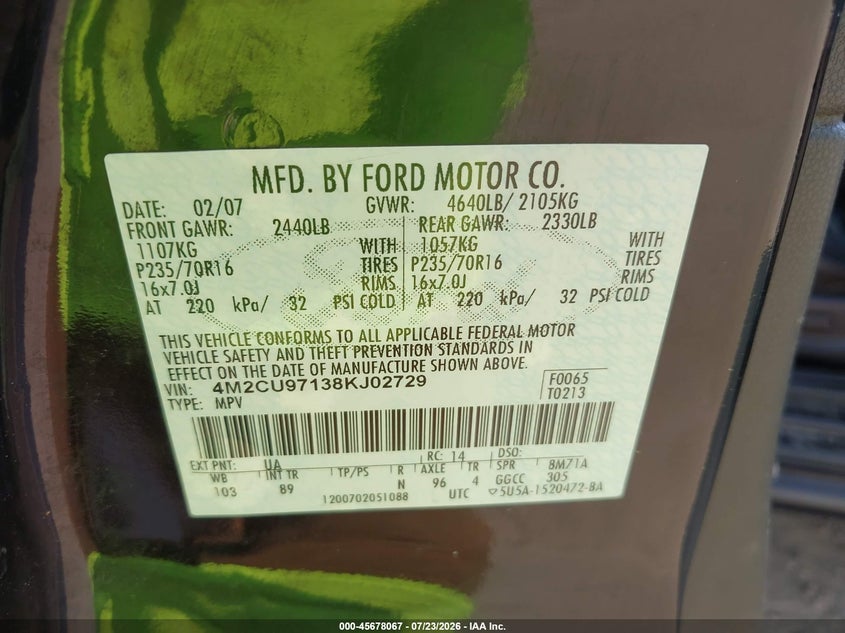 2008 Mercury Mariner VIN 4M2CU97138KJ02729 IAAI salvage auction — NORMAL WEAR, Clear (Montana), sold $225 on 2026-07-29 (photo 9)