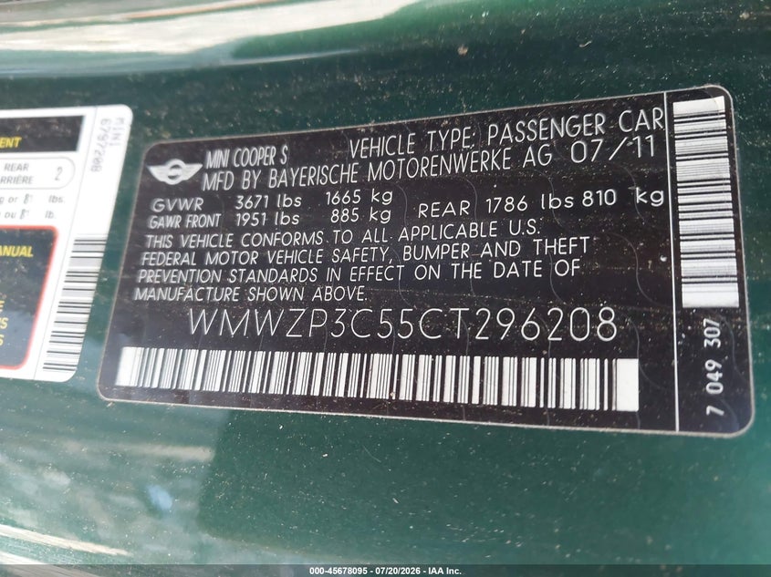 2012 Mini Cooper VIN WMWZP3C55CT296208 IAAI salvage auction — NORMAL WEAR, Clear (New York), sold $25 on 2026-07-28 (photo 9)