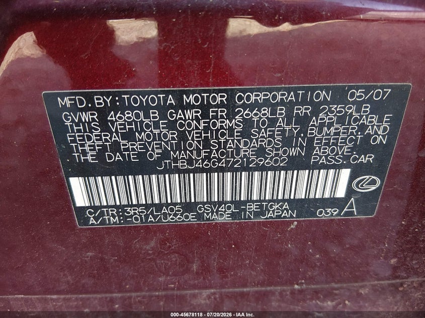 2007 Lexus Es 350 VIN JTHBJ46G472129602 IAAI salvage auction — NORMAL WEAR, Clear (Georgia), sold $525 on 2026-07-29 (photo 9)