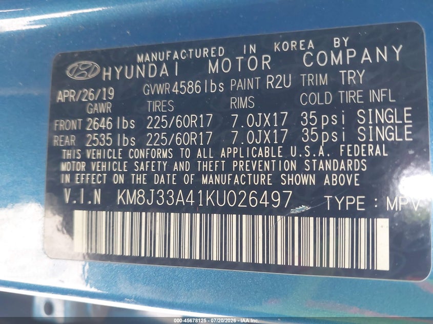 2019 Hyundai Tucson VIN KM8J33A41KU026497 IAAI salvage auction — NORMAL WEAR, Clear (Florida), sold $25 on 2026-07-29 (photo 9)