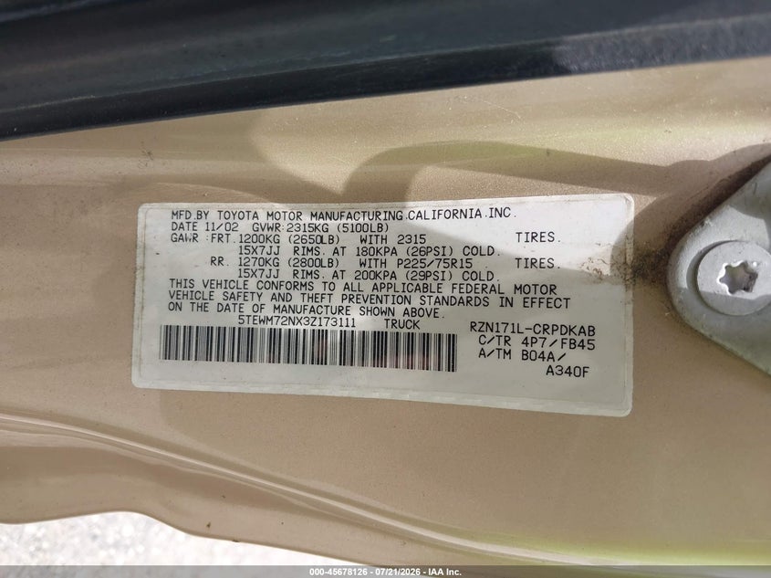 2003 Toyota Tacoma VIN 5TEWM72NX3Z173111 IAAI salvage auction — NORMAL WEAR, Clear (Minnesota), sold $525 on 2026-07-28 (photo 9)