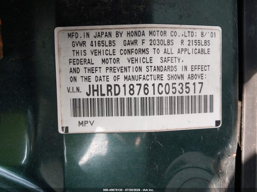 2001 Honda Cr-v VIN JHLRD18761C053517 IAAI salvage auction — NORMAL WEAR, Clear (Indiana), sold $25 on 2026-07-29 (photo 9)