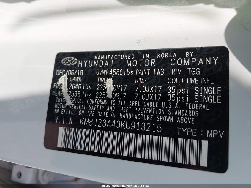 2019 Hyundai Tucson VIN KM8J23A43KU913215 IAAI salvage auction — NORMAL WEAR, Clear (Indiana), sold $2,650 on 2026-07-29 (photo 9)