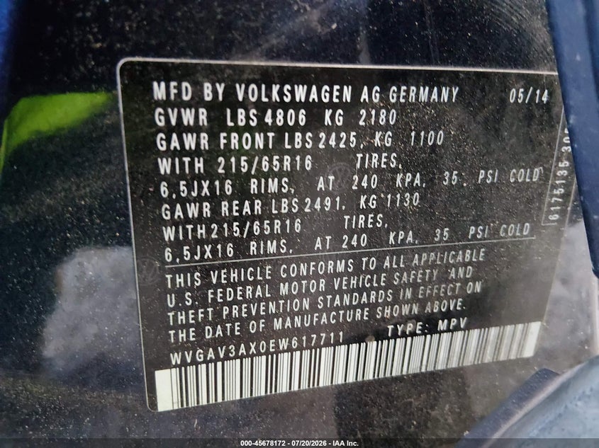 2014 Volkswagen Tiguan VIN WVGAV3AX0EW617711 IAAI salvage auction — REAR END, Clear (Georgia), sold $825 on 2026-07-24 (photo 9)
