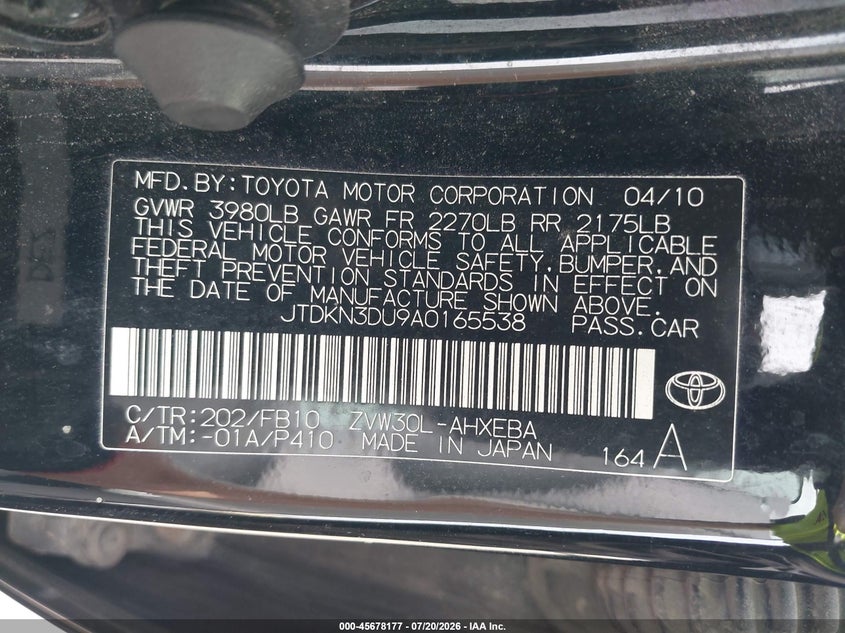 2010 Toyota Prius VIN JTDKN3DU9A0165538 IAAI salvage auction — NORMAL WEAR, Clear (Michigan), sold $1,025 on 2026-07-23 (photo 9)