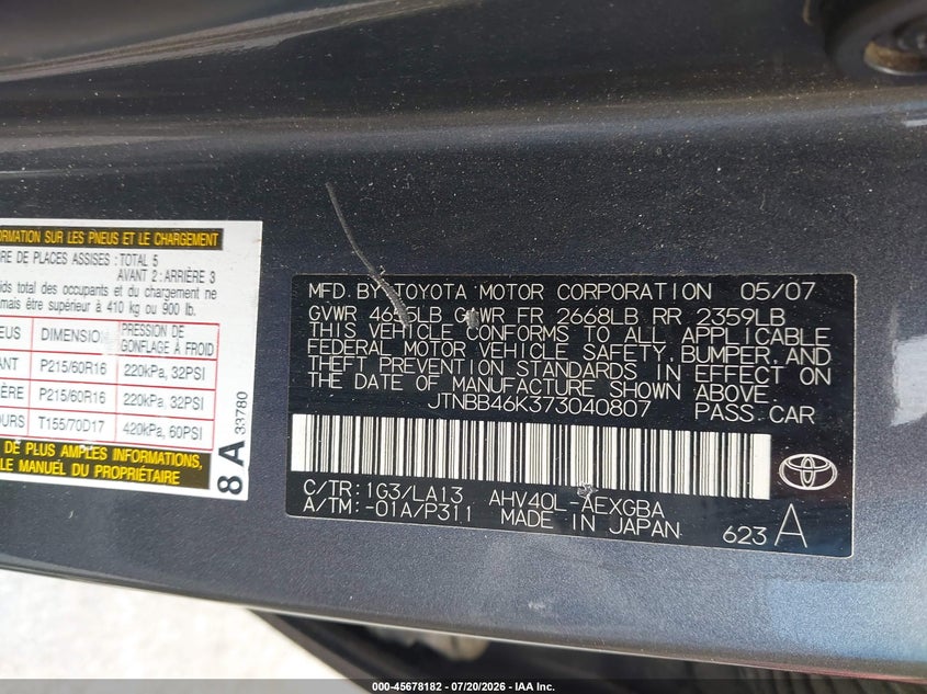 2007 Toyota Camry hybrid VIN JTNBB46K373040807 IAAI salvage auction — NORMAL WEAR, Clear - Dealer Only (California), sold $425 on 2026-07-30 (photo 9)