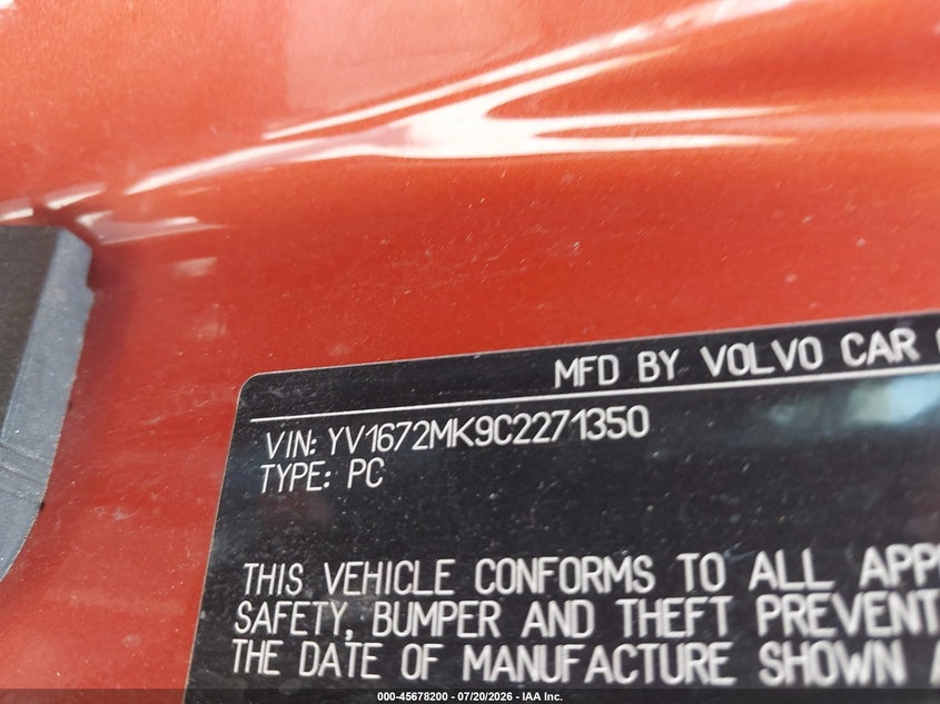 2012 Volvo C30 VIN YV1672MK9C2271350 IAAI salvage auction — NORMAL WEAR, Salvage Title, sold $350 on 2026-08-10 (photo 9)