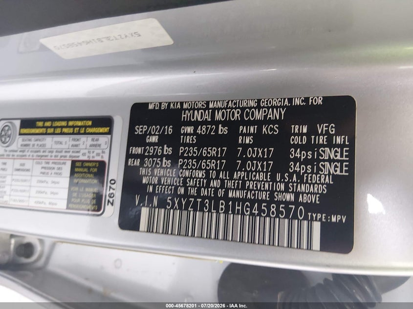 2017 Hyundai Santa fe VIN 5XYZT3LB1HG458570 IAAI salvage auction — NORMAL WEAR, Clear (Florida), sold $1,350 on 2026-07-29 (photo 9)