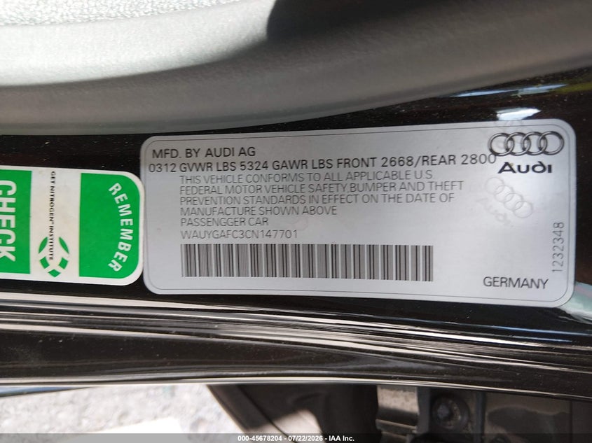 2012 Audi A7 VIN WAUYGAFC3CN147701 IAAI salvage auction — NORMAL WEAR, Clear (Illinois), sold $775 on 2026-07-28 (photo 9)