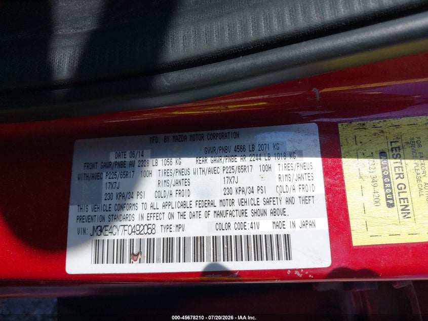2015 Mazda Cx-5 VIN JM3KE4CY7F0492058 IAAI salvage auction — NORMAL WEAR, Clear (New Jersey), sold $200 on 2026-07-28 (photo 9)
