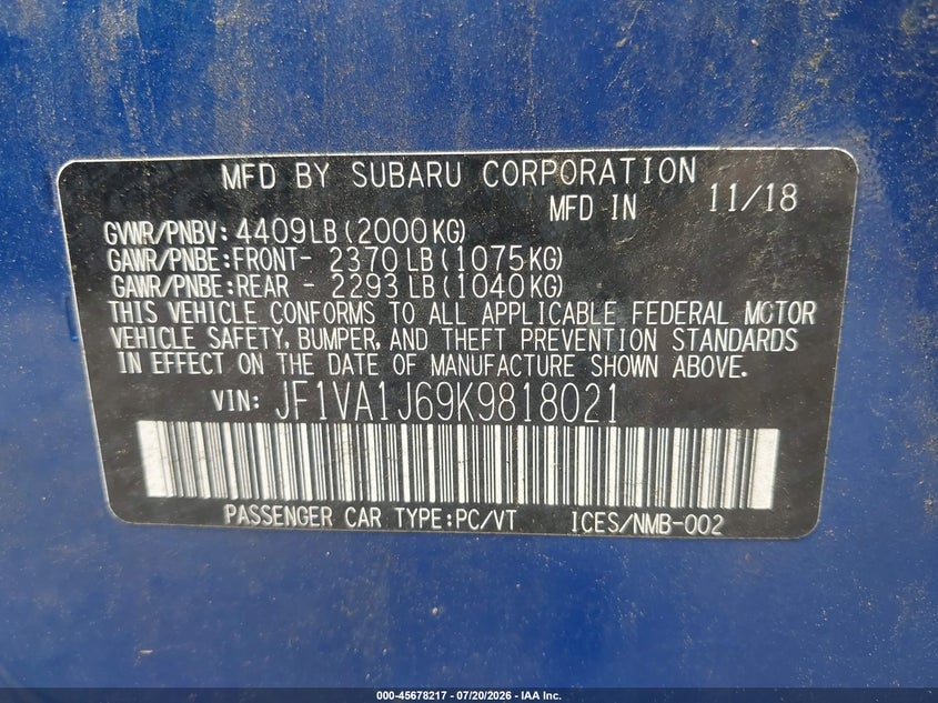 2019 Subaru Wrx VIN JF1VA1J69K9818021 IAAI salvage auction — NORMAL WEAR, Clear (Maryland), sold $2,850 on 2026-07-30 (photo 9)