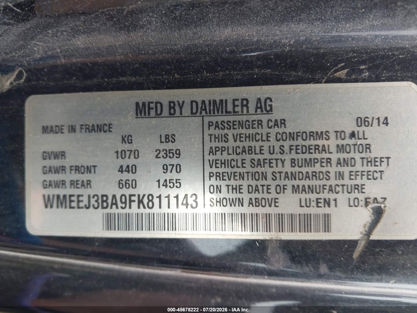 2015 Smart Fortwo VIN WMEEJ3BA9FK811143 IAAI salvage auction — NORMAL WEAR, Clear (Michigan), sold $400 on 2026-07-30 (photo 9)