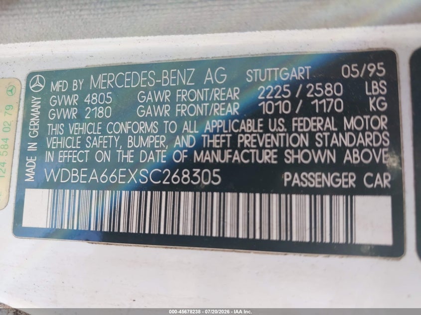 1995 Mercedes-benz E-class VIN WDBEA66EXSC268305 IAAI salvage auction — NORMAL WEAR, Clear (Pennsylvania), sold $2,050 on 2026-07-24 (photo 9)