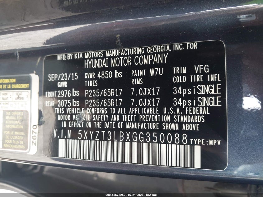2016 Hyundai Santa fe VIN 5XYZT3LBXGG350088 IAAI salvage auction — NORMAL WEAR, Clear (North Carolina), sold $1,800 on 2026-07-31 (photo 9)