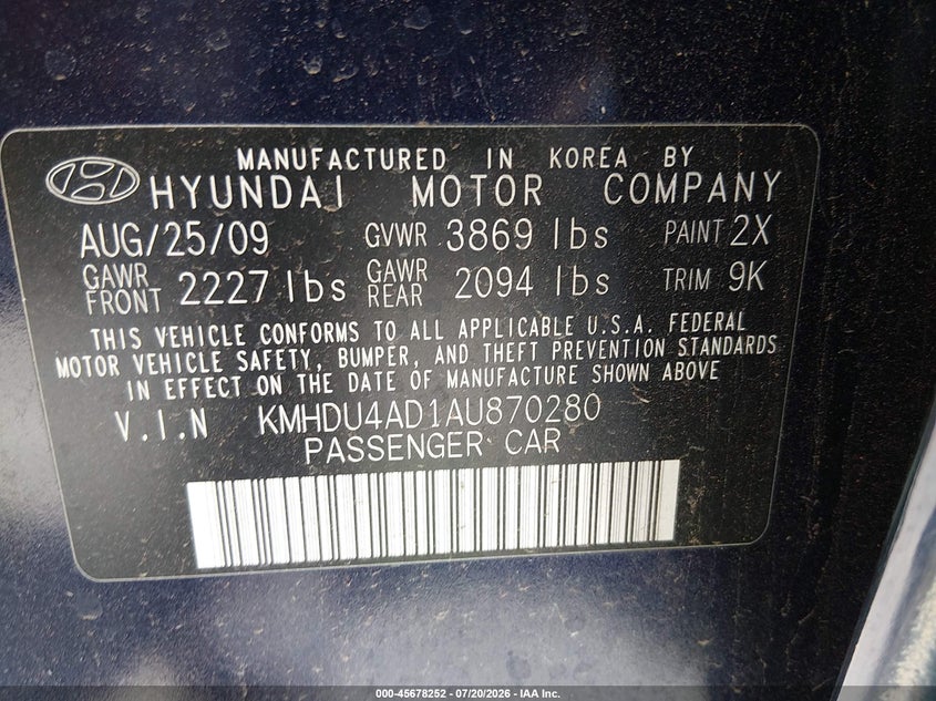 2010 Hyundai Elantra VIN KMHDU4AD1AU870280 IAAI salvage auction — NORMAL WEAR, Salvage Title - Dealer (California), sold $350 on 2026-07-23 (photo 9)