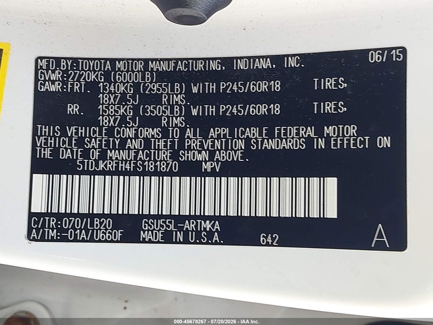 2015 Toyota Highlander VIN 5TDJKRFH4FS181870 IAAI salvage auction — NORMAL WEAR, Clear (Florida), sold $7,400 on 2026-07-29 (photo 9)