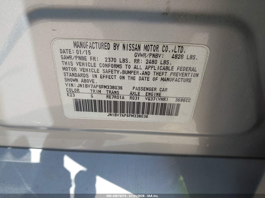 2015 Infiniti Q50 VIN JN1BV7AP6FM338036 IAAI salvage auction — NORMAL WEAR, Original (Texas), sold $700 on 2026-07-28 (photo 9)