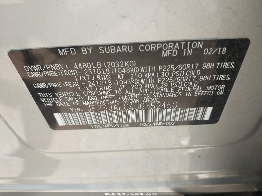 2018 Subaru Forester VIN JF2SJAEC4JG552450 IAAI salvage auction — NORMAL WEAR, Clear (Massachusetts), sold $2,400 on 2026-07-31 (photo 9)