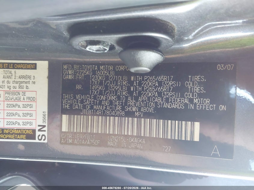 2007 Toyota 4runner VIN JTEBT14R178040898 IAAI salvage auction — NORMAL WEAR, Clear (Florida), sold $4,650 on 2026-07-28 (photo 9)