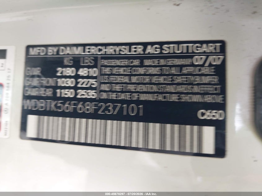 2008 Mercedes-benz Clk-class VIN WDBTK56F68F237101 IAAI salvage auction — NORMAL WEAR, Clear (Florida), sold $175 on 2026-07-29 (photo 9)