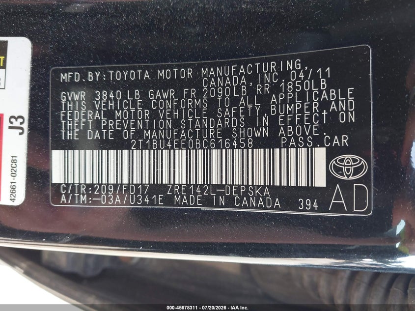 2011 Toyota Corolla VIN 2T1BU4EE0BC616458 IAAI salvage auction — NORMAL WEAR, Original (New Hampshire), sold $1,350 on 2026-07-24 (photo 9)