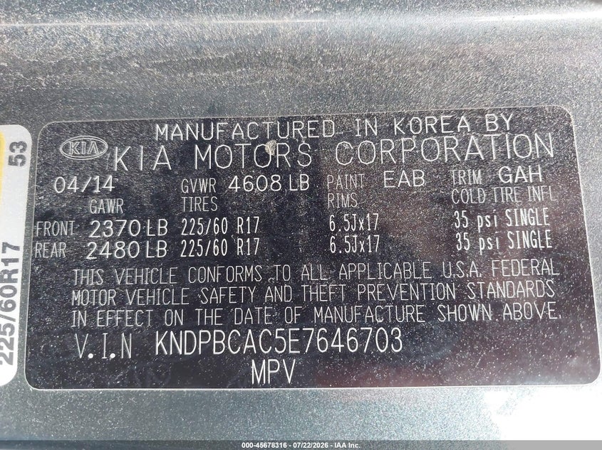2014 Kia Sportage VIN KNDPBCAC5E7646703 IAAI salvage auction — NORMAL WEAR, Clear (Massachusetts), sold $25 on 2026-07-31 (photo 9)