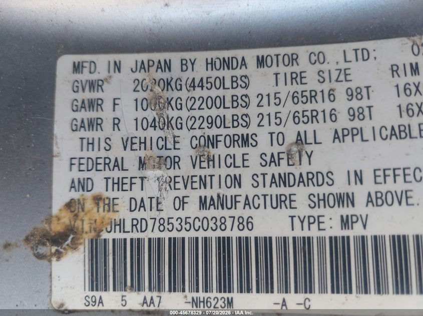 2005 Honda Cr-v VIN JHLRD78535C038786 IAAI salvage auction — NORMAL WEAR, Clear (Florida), sold $350 on 2026-07-28 (photo 9)
