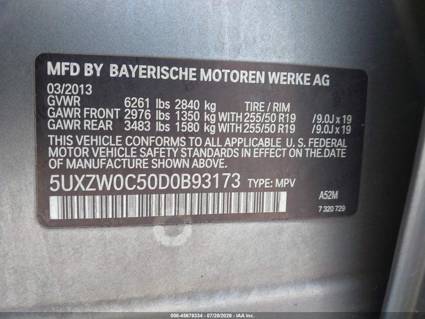 2013 BMW X5 VIN 5UXZW0C50D0B93173 IAAI salvage auction — NORMAL WEAR, Clear (Illinois), sold $900 on 2026-07-29 (photo 9)