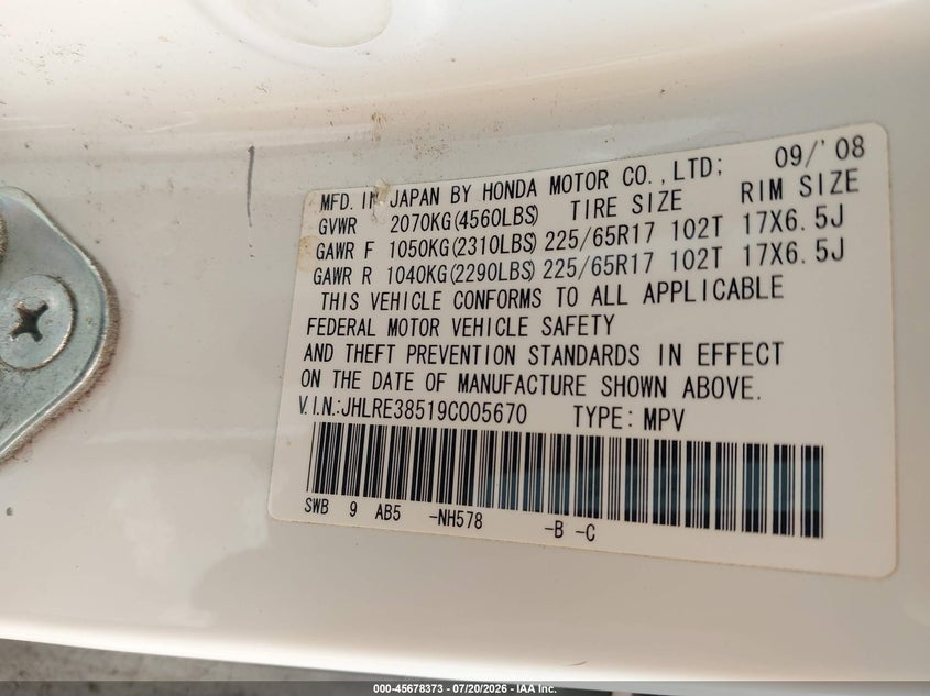 2009 Honda Cr-v VIN JHLRE38519C005670 IAAI salvage auction — NORMAL WEAR, Clear - Dealer Only (California), sold $1,550 on 2026-07-23 (photo 9)