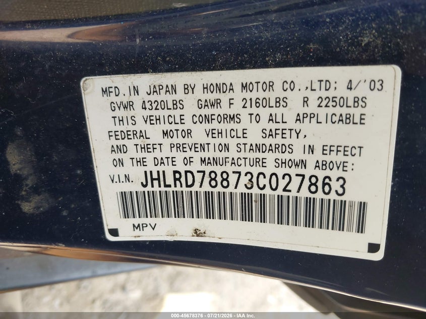 2003 Honda Cr-v VIN JHLRD78873C027863 IAAI salvage auction — NORMAL WEAR, Clear (Washington), sold $25 on 2026-07-29 (photo 9)