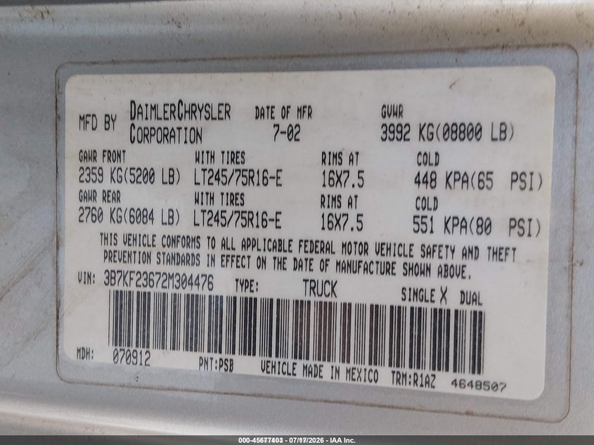 2002 Dodge Ram 2500 VIN 3B7KF23672M304476 IAAI salvage auction — REAR END, Bill Of Sale (Washington), sold $3,150 on 2026-07-29 (photo 9)