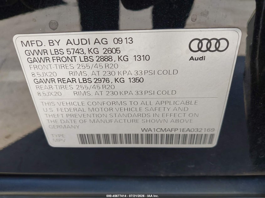 2014 Audi Q5 VIN WA1CMAFP1EA032169 IAAI salvage auction — FRONT END, Salvage Title, sold $900 on 2026-09-04 (photo 9)