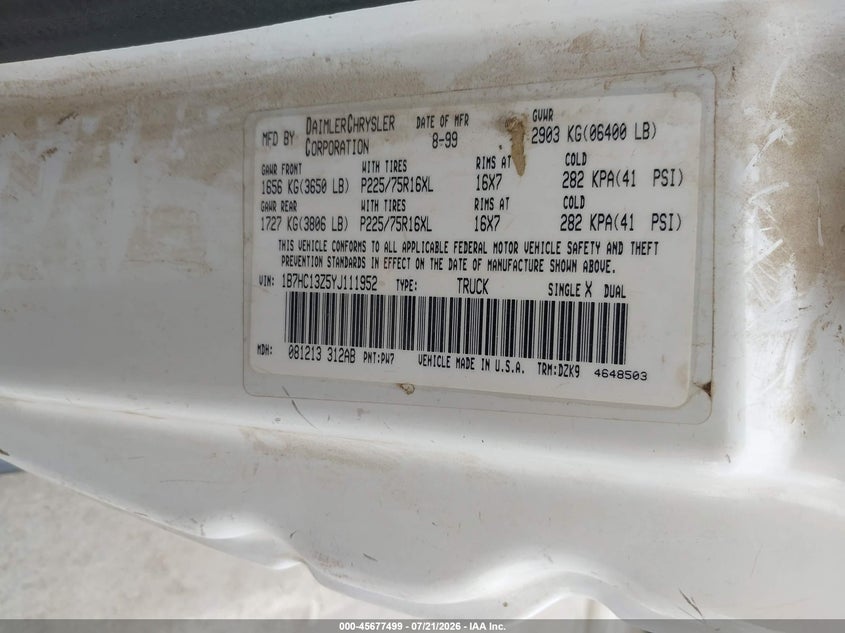 2000 Dodge Ram VIN 1B7HC13Z5YJ111952 IAAI salvage auction — RIGHT FRONT, Salvage (California), sold $450 on 2026-08-26 (photo 9)
